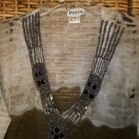 Paris Paris Blouse Sheer Beaded Sequins Bell Sleeve Tunic Length BEAUTIFUL!! M - Picture 4 of 7